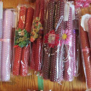 Random Pick, 1 Pair, 8" Bees Wax Candles, Decorated, Pink, Orange, Red, Coral